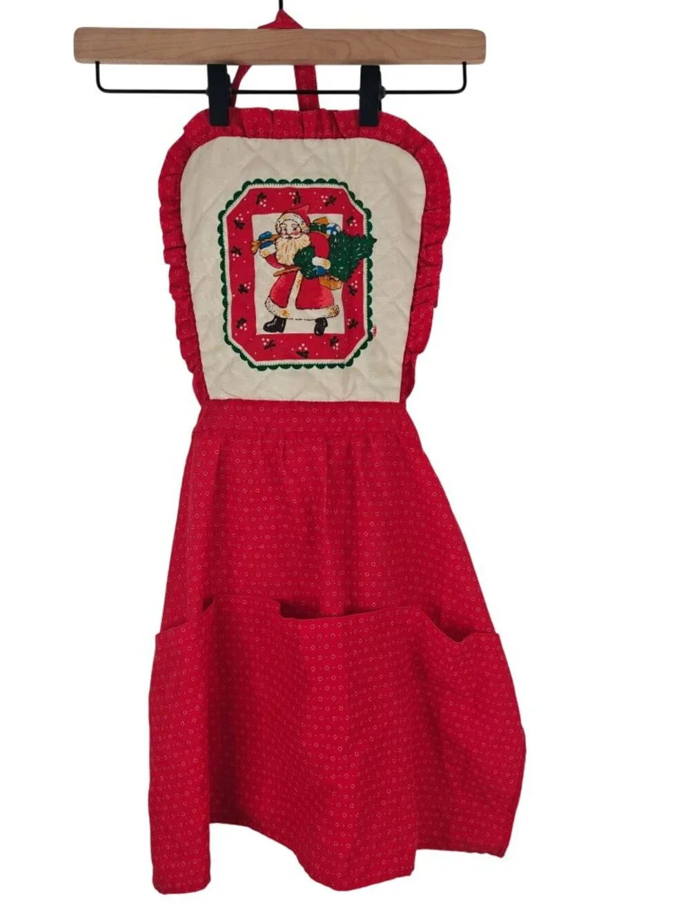 Vintage Gourmet Gallery Christmas Bib Apron Santa Claus Print Cotton Pockets